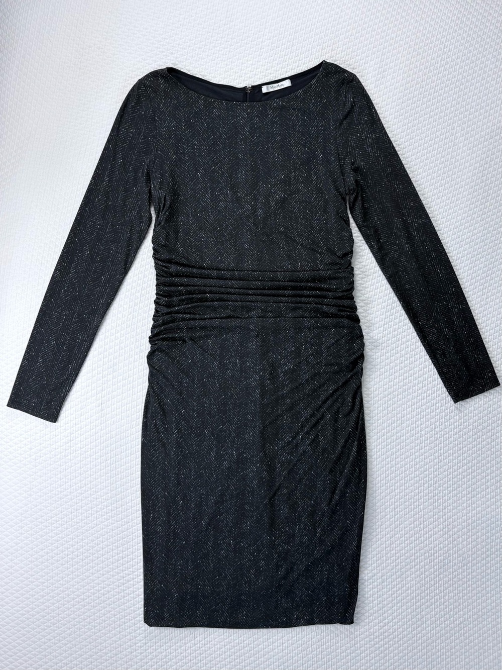 Max Mara Black Stretch Jersey Dress, Ruched Waist, Size 12